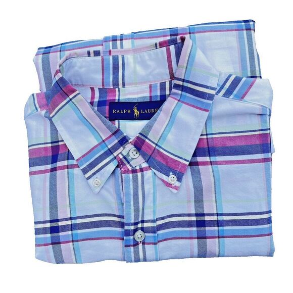 Ralph Lauren Short Sleeve Button Shirt Mens  Plaid Flesh Pony size L - Picture 11 of 12